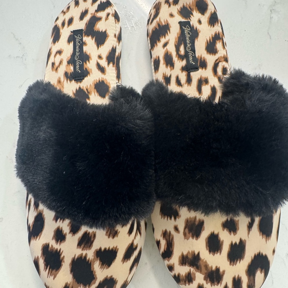 Victoria's Secret Leopard Print Slippers with Black Fur